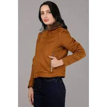 Solid Regular Neck Suede Womens Winter Wear Jacket